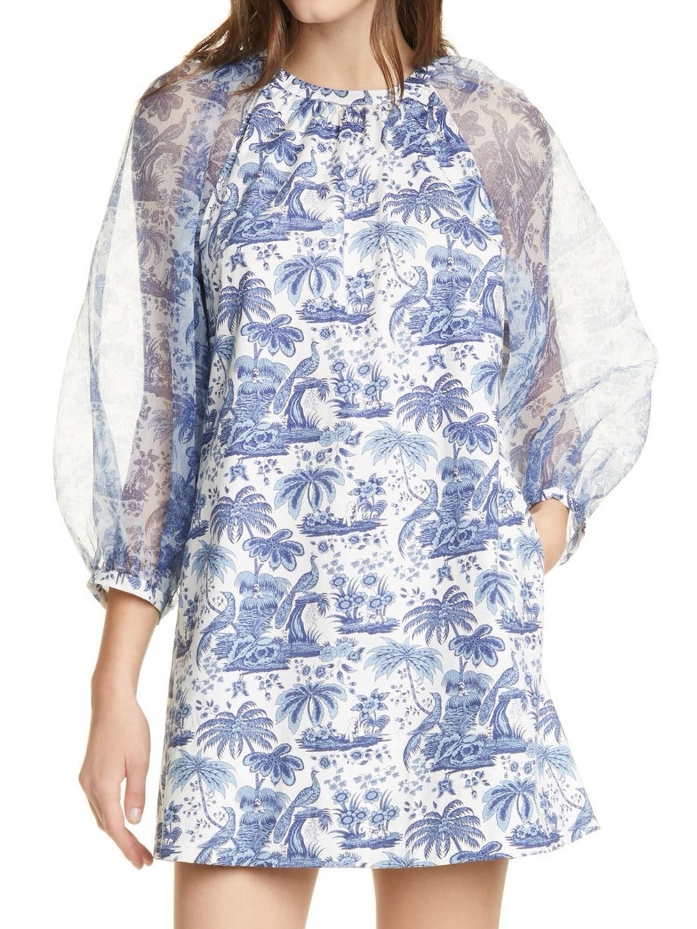 STAUD Mini Shift Dress Garden Balloon Sleeve Blue Toile Size Medium Cotton Blend